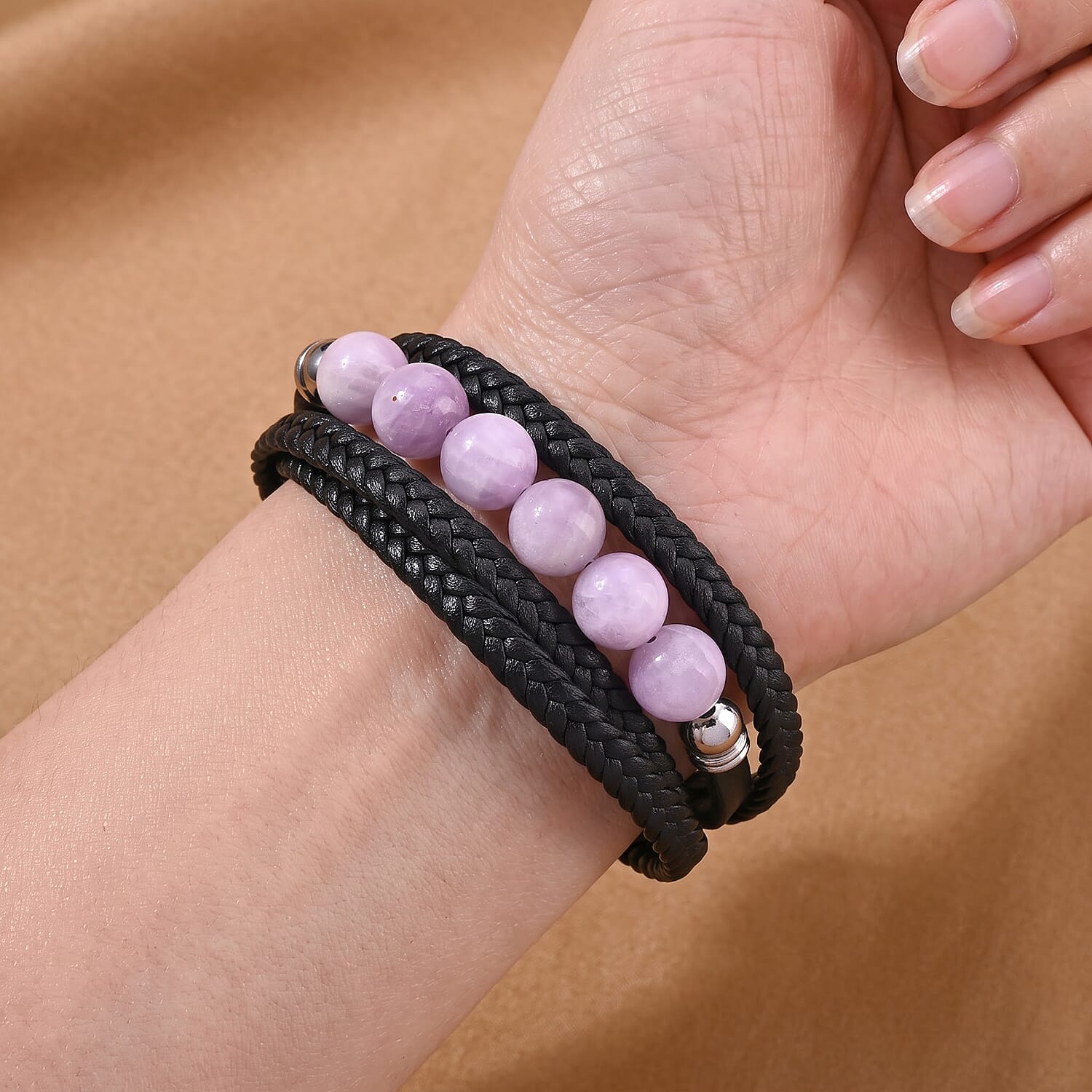 Kunzite 60.00 ctw Beaded Genuine Leather Bracelet in Stainless Steel (7.75 In)