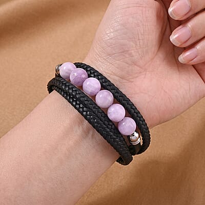 Kunzite 60.00 ctw Beaded Genuine Leather Bracelet in Stainless Steel (7.75 In)