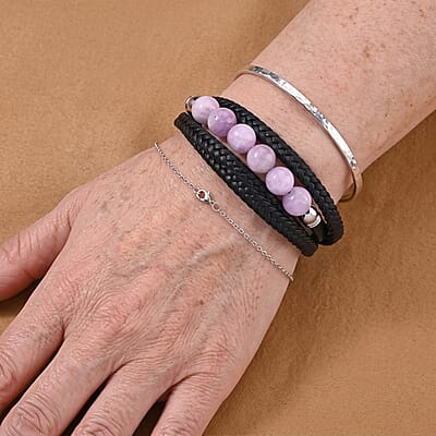 Kunzite 60.00 ctw Beaded Genuine Leather Bracelet in Stainless Steel (7.75 In)