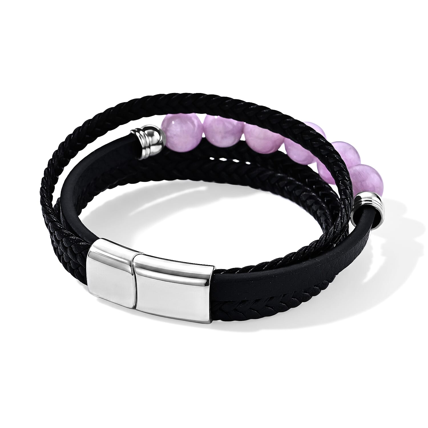 Kunzite 60.00 ctw Beaded Genuine Leather Bracelet in Stainless Steel (7.75 In)