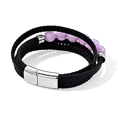 Kunzite 60.00 ctw Beaded Genuine Leather Bracelet in Stainless Steel (7.75 In)