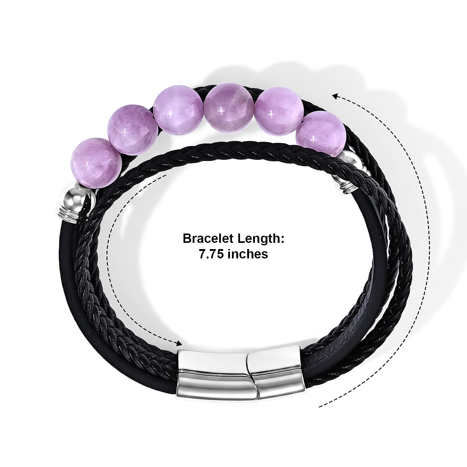Kunzite 60.00 ctw Beaded Genuine Leather Bracelet in Stainless Steel (7.75 In)