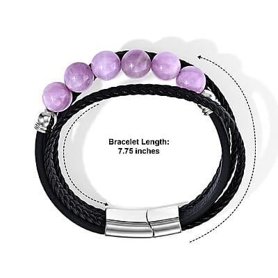 Kunzite 60.00 ctw Beaded Genuine Leather Bracelet in Stainless Steel (7.75 In)