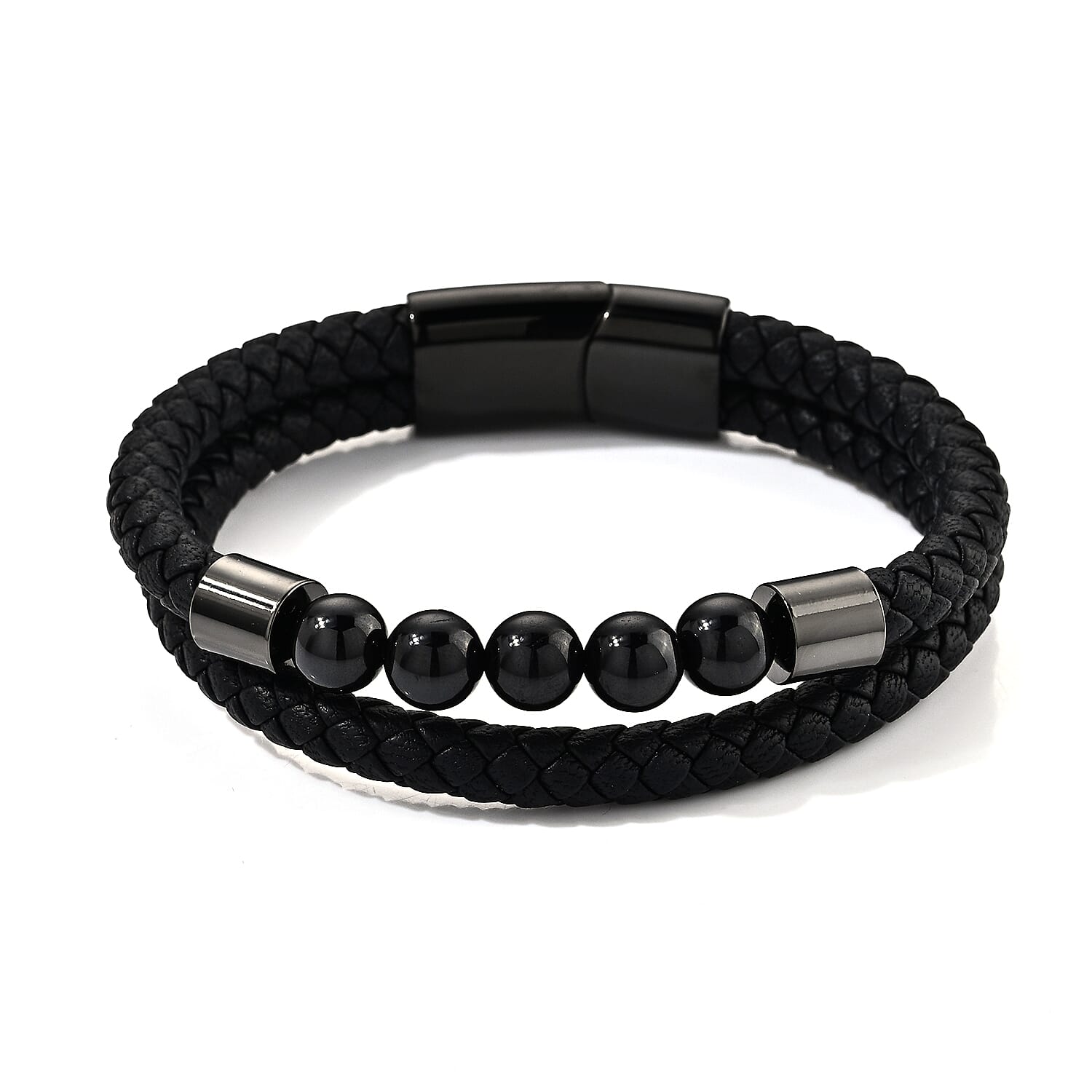 Thai Black Spinel Beaded, Braided Genuine Leather Bracelet in Stainless Steel (7.75 In)