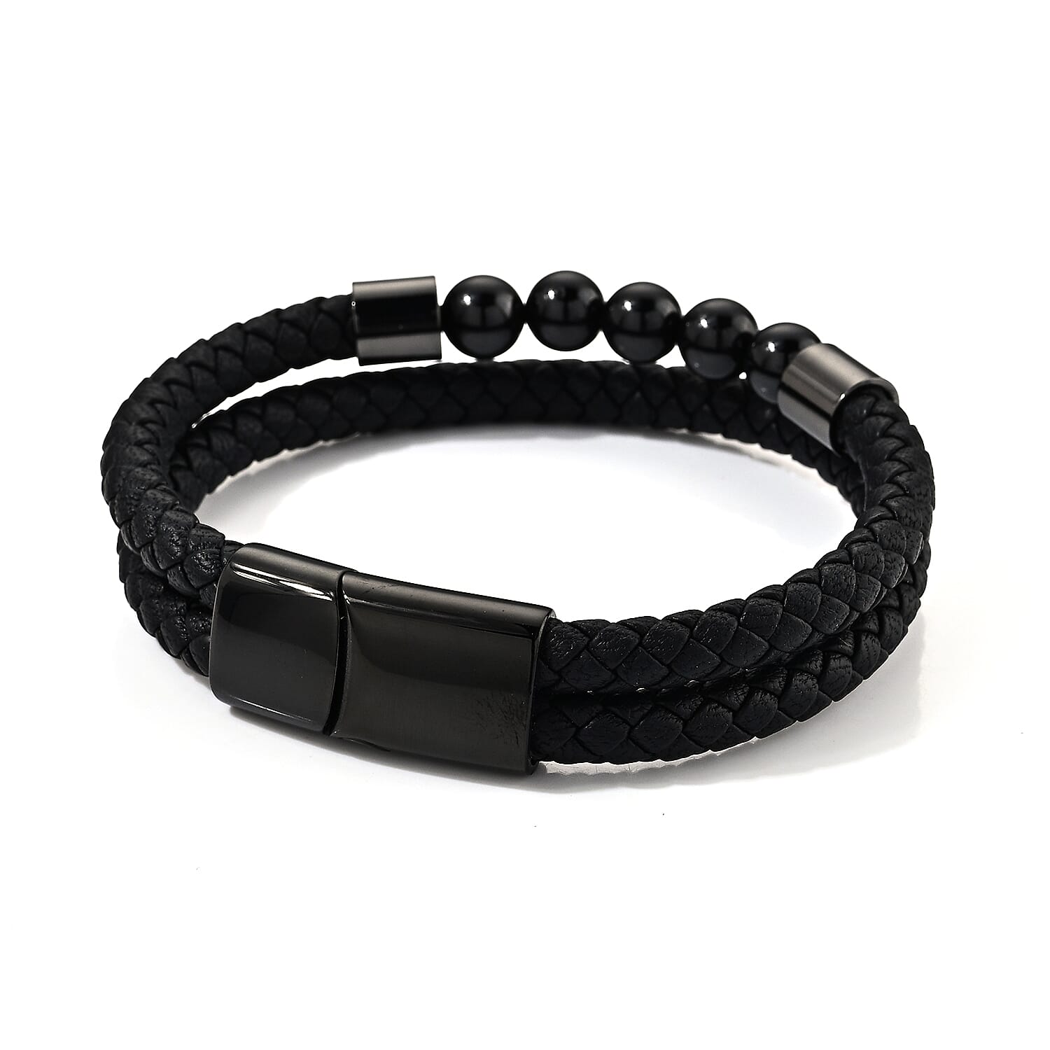Thai Black Spinel 50.00 ctw Beaded, Braided Genuine Leather Bracelet in Stainless Steel (7.75 In)