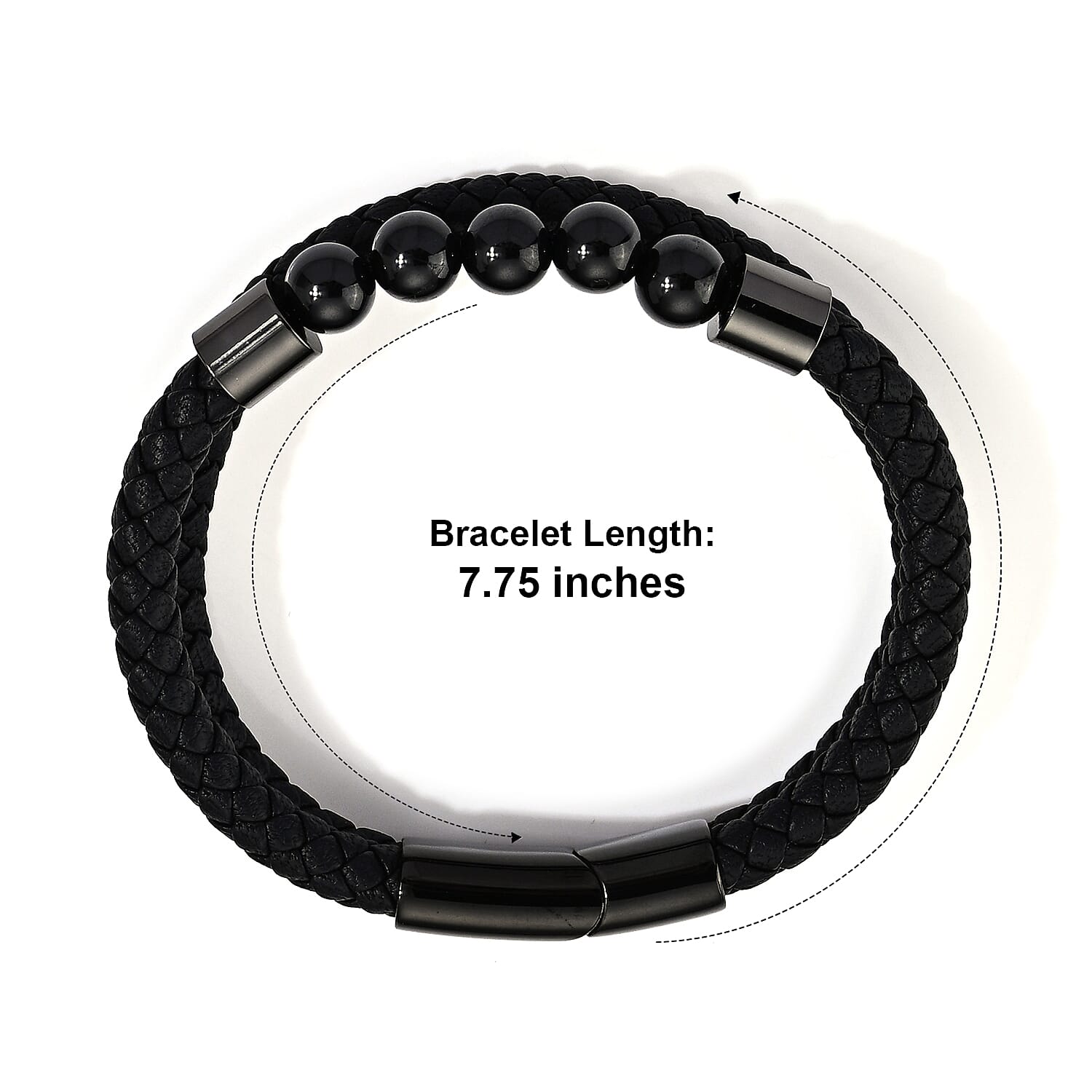 Thai Black Spinel 50.00 ctw Beaded, Braided Genuine Leather Bracelet in Stainless Steel (7.75 In)