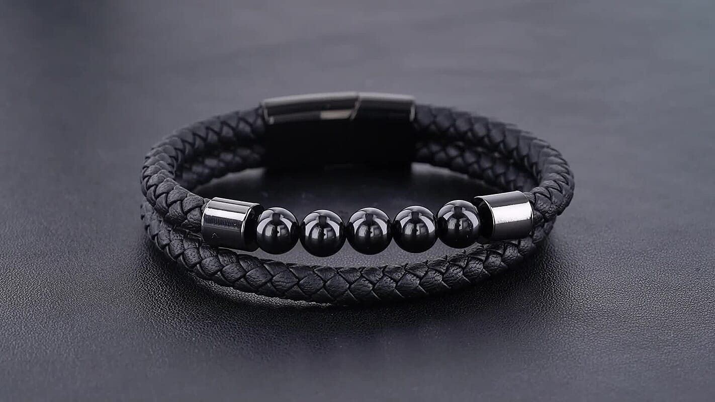 Thai Black Spinel Beaded, Braided Genuine Leather Bracelet in Stainless Steel (7.75 In)