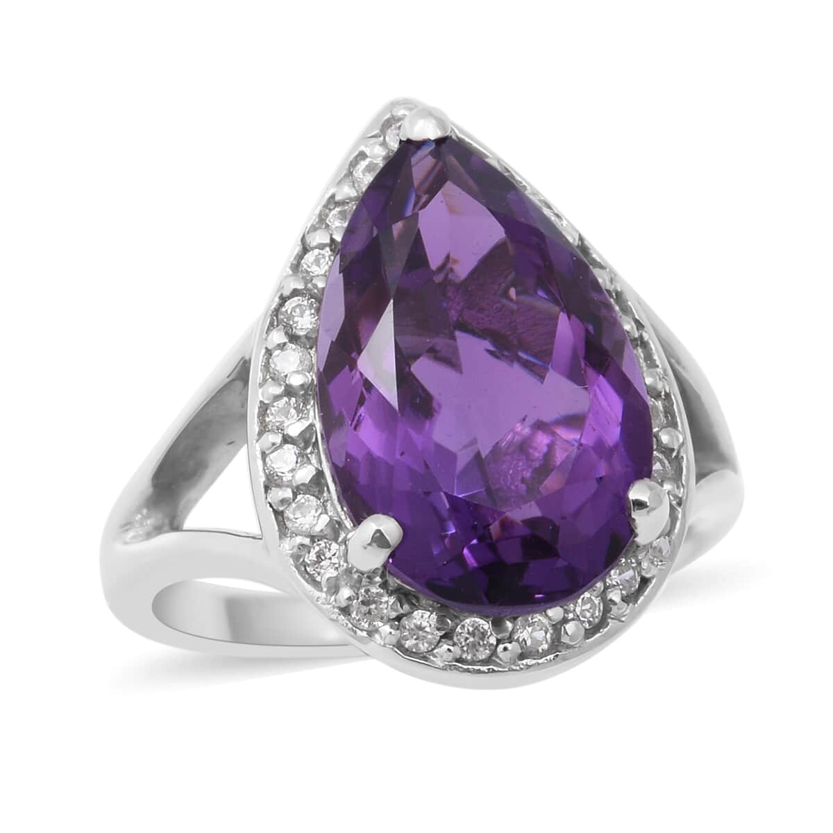Lusaka Amethyst and Natural White Zircon Split Shank Ring in Platinum Over Sterling Silver (Size 9.0) 6.75 ctw image number 0