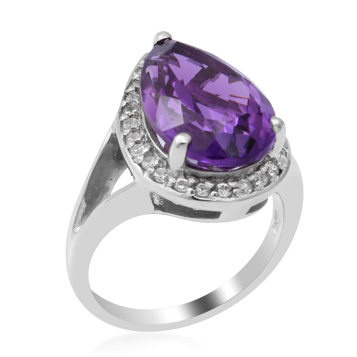 Lusaka Amethyst and Natural White Zircon Split Shank Ring in Platinum Over Sterling Silver (Size 9.0) 6.75 ctw image number 2