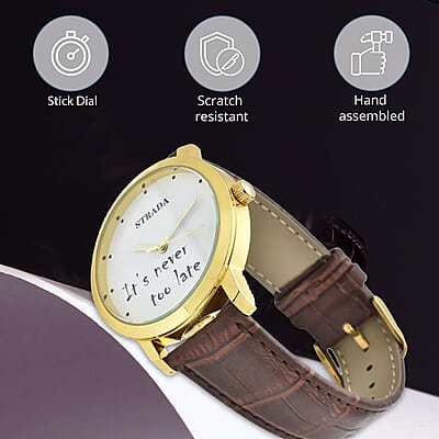 Strada Japanese Movement It's Never Too Late Dial Watch with Brown Faux Leather Strap (40.38mm) (7.5-9.0 Inch)