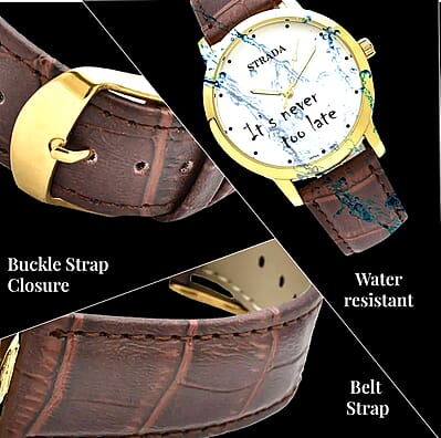Strada Japanese Movement It's Never Too Late Dial Watch with Brown Faux Leather Strap (40.38mm) (7.5-9.0 Inch)