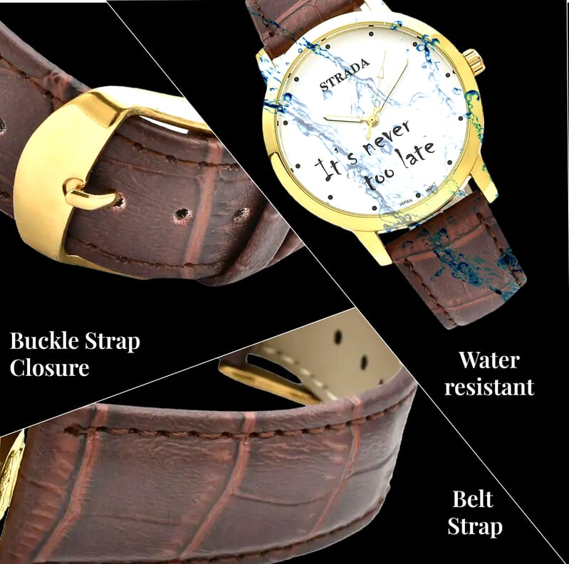 Strada Japanese Movement It's Never Too Late Dial Watch with Brown Faux Leather Strap (40.38mm) (7.5-9.0 Inch)