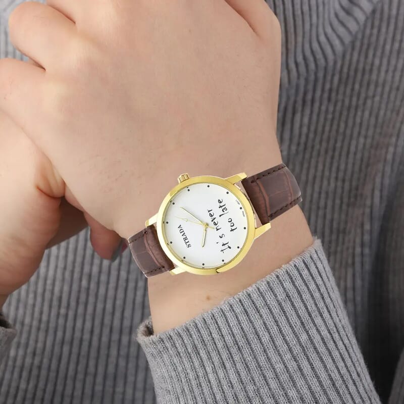Strada Japanese Movement It's Never Too Late Dial Watch with Brown Faux Leather Strap (40.38mm) (7.5-9.0 Inch)