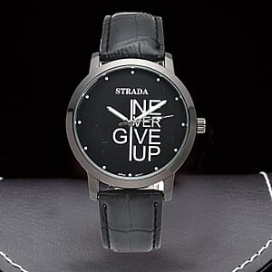 Strada Japanese Movement Never Give Up Dial Watch with Black Faux Leather Strap (40.38mm) (7.5-9.0 Inch)