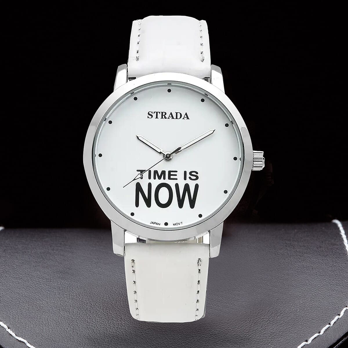 Strada Japanese Movement Time is Now Dial Watch with White Faux Leather Strap (40.38mm) (7.5-9.0 Inch) image number 1