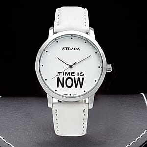 Strada Japanese Movement Time is Now Dial Watch with White Faux Leather Strap (40.38mm) (7.5-9.0 Inch)