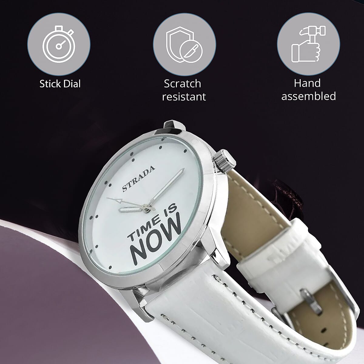Strada Japanese Movement Time is Now Dial Watch with White Faux Leather Strap (40.38mm) (7.5-9.0 Inch) image number 2