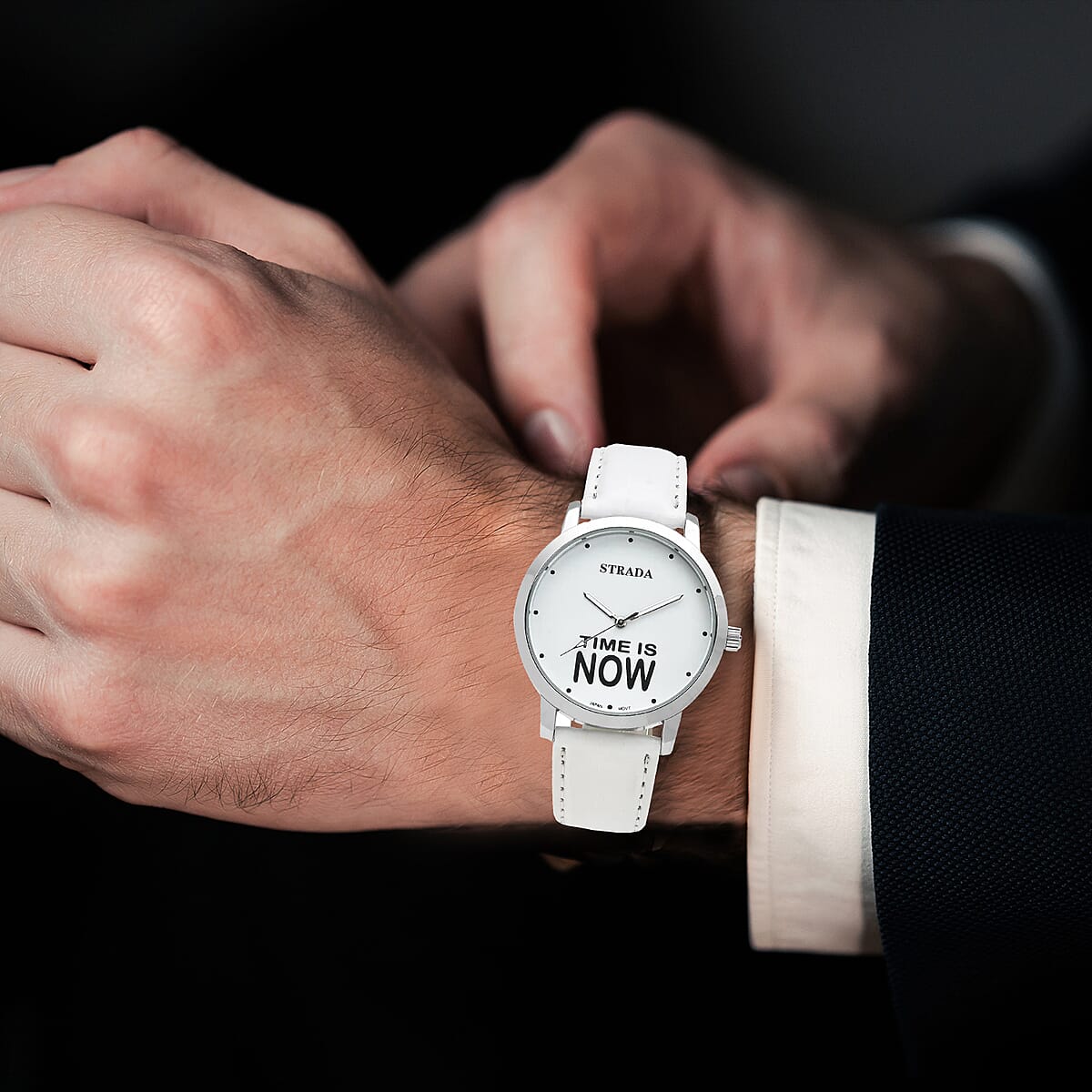 Strada Japanese Movement Time is Now Dial Watch with White Faux Leather Strap (40.38mm) (7.5-9.0 Inch) image number 3