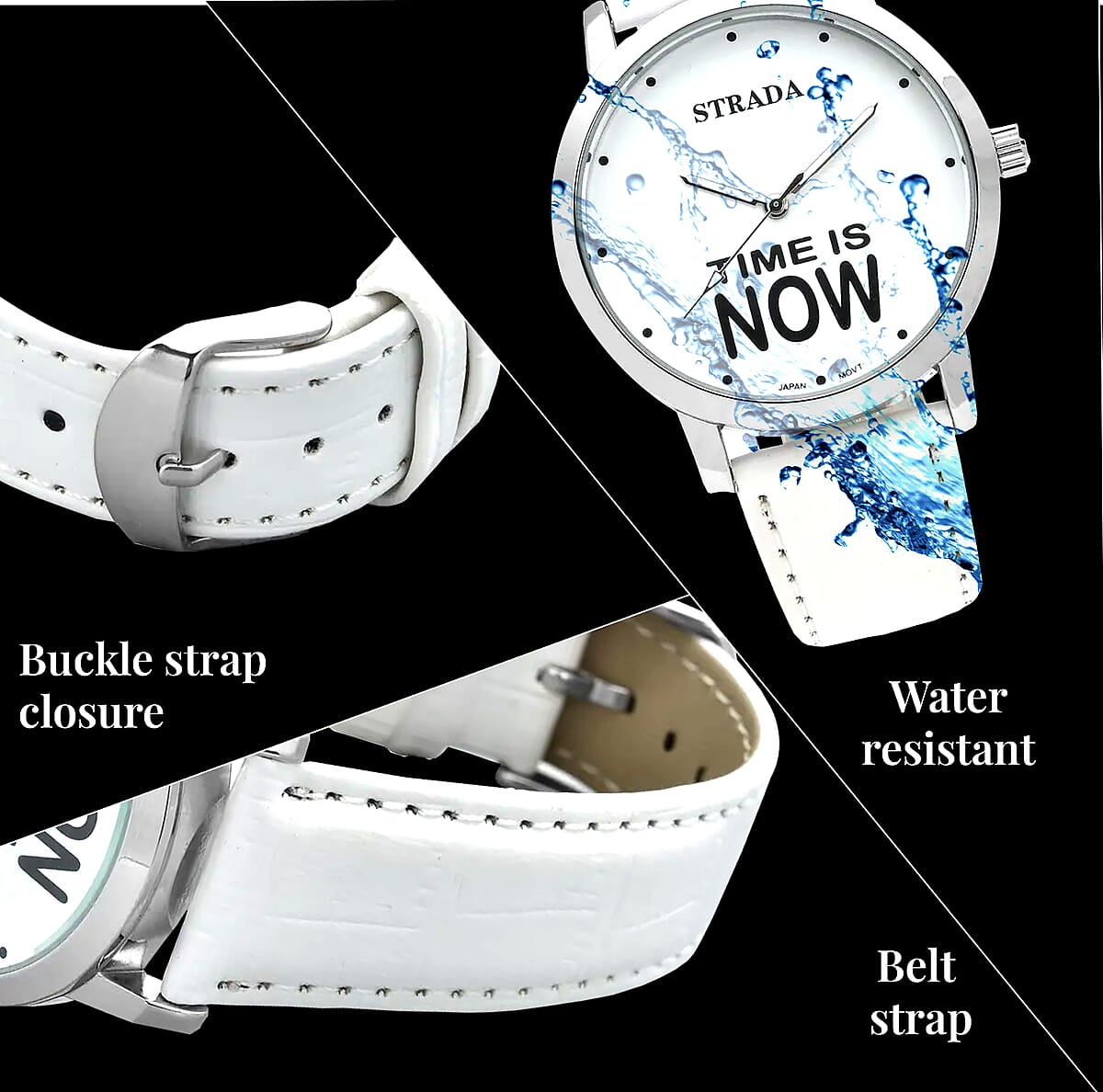 Strada Japanese Movement Time is Now Dial Watch with White Faux Leather Strap (40.38mm) (7.5-9.0 Inch) image number 4