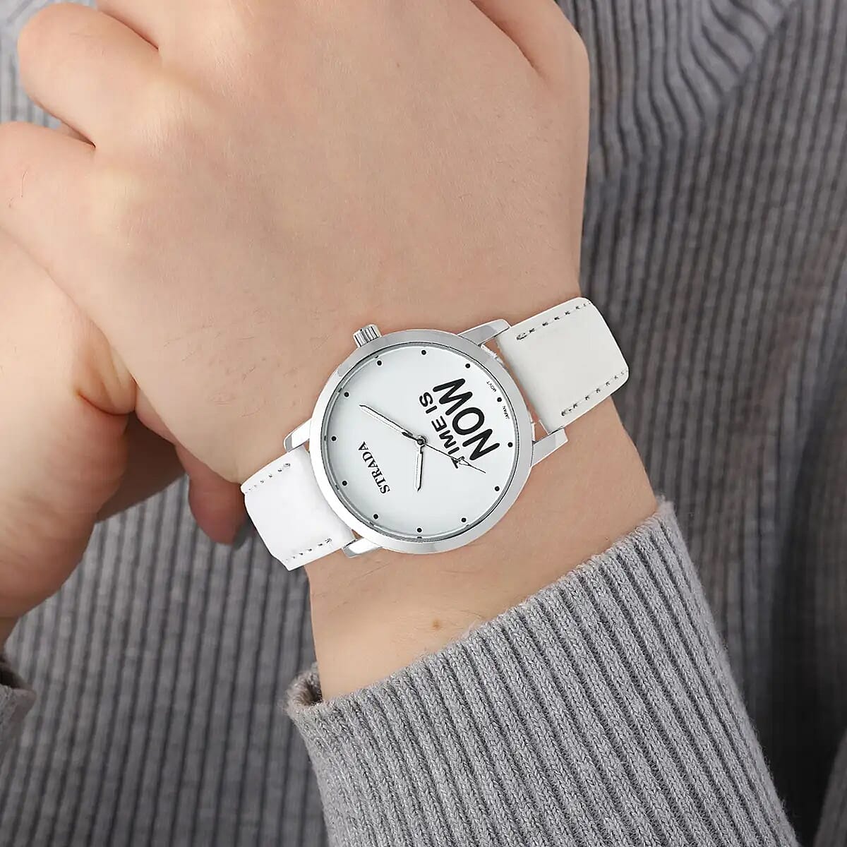 Strada Japanese Movement Time is Now Dial Watch with White Faux Leather Strap (40.38mm) (7.5-9.0 Inch) image number 5