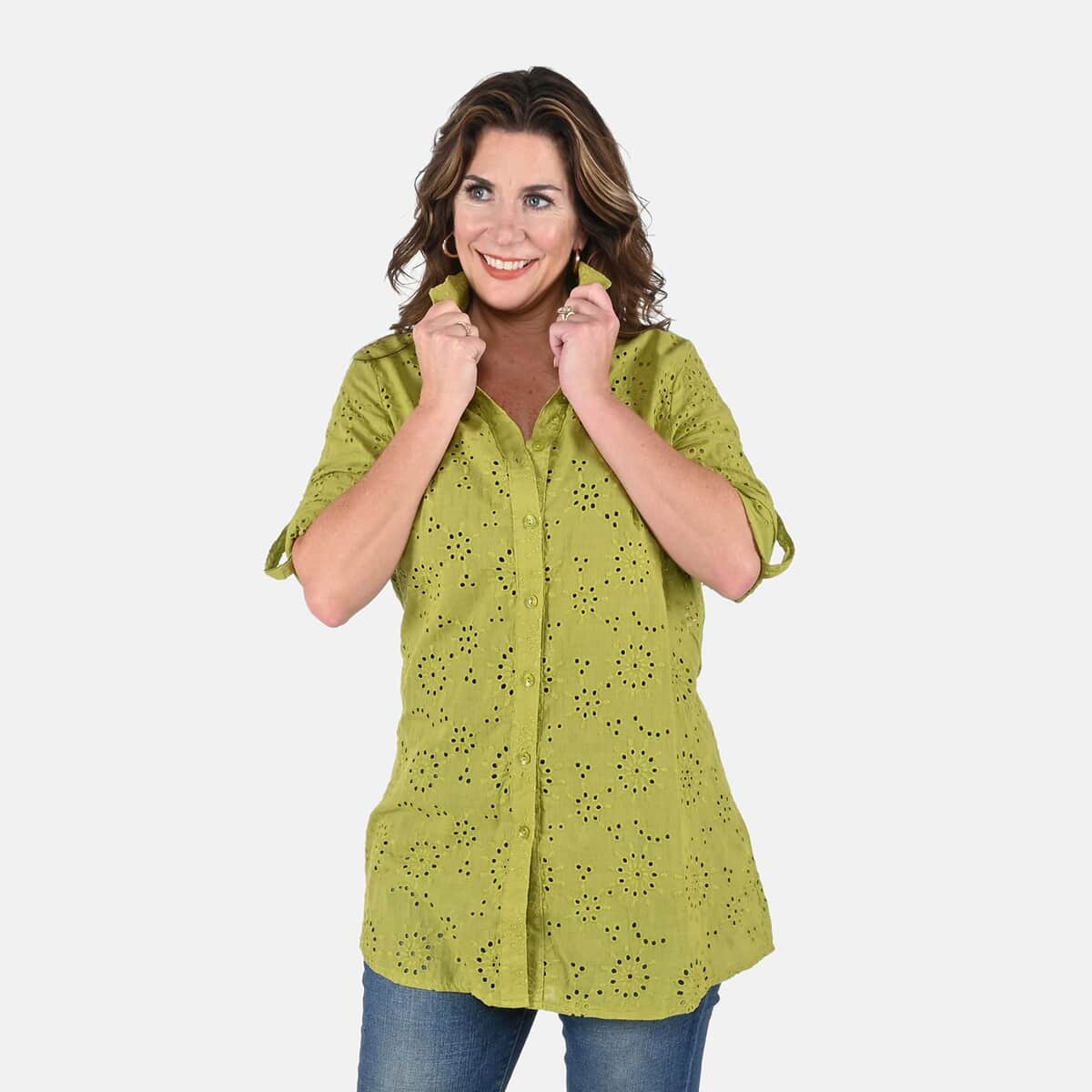 Tamsy Green Erin Eyelet Tunic - 1X image number 3