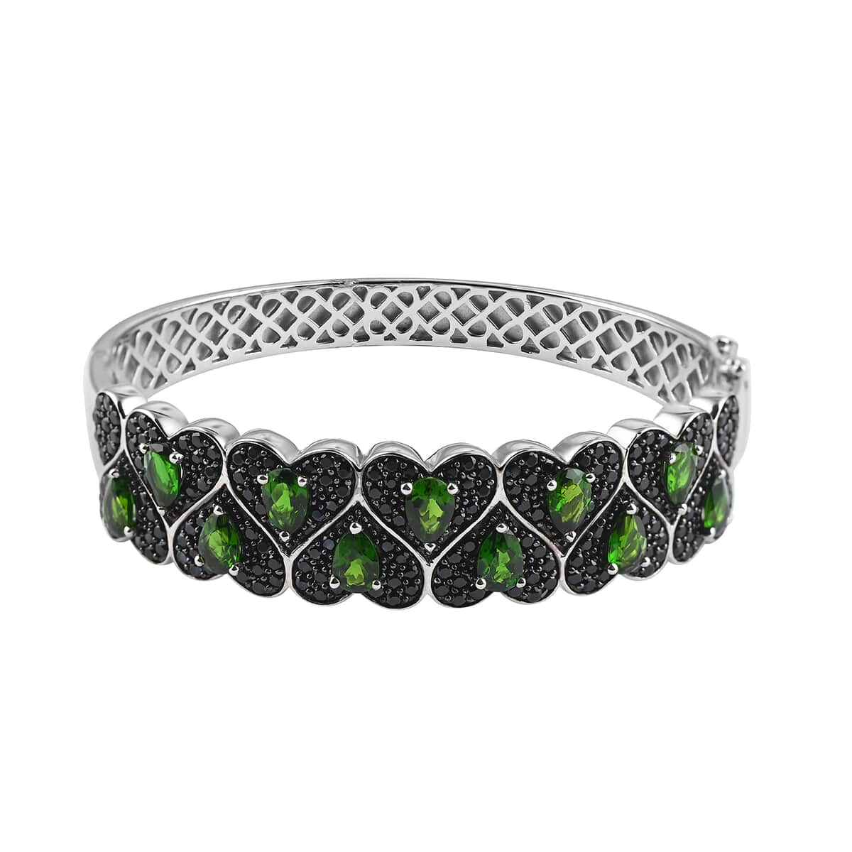 Chrome Diopside and Thai Black Spinel Multi Heart Bangle Bracelet in Sterling Silver (7.25 In) 7.30 ctw image number 0