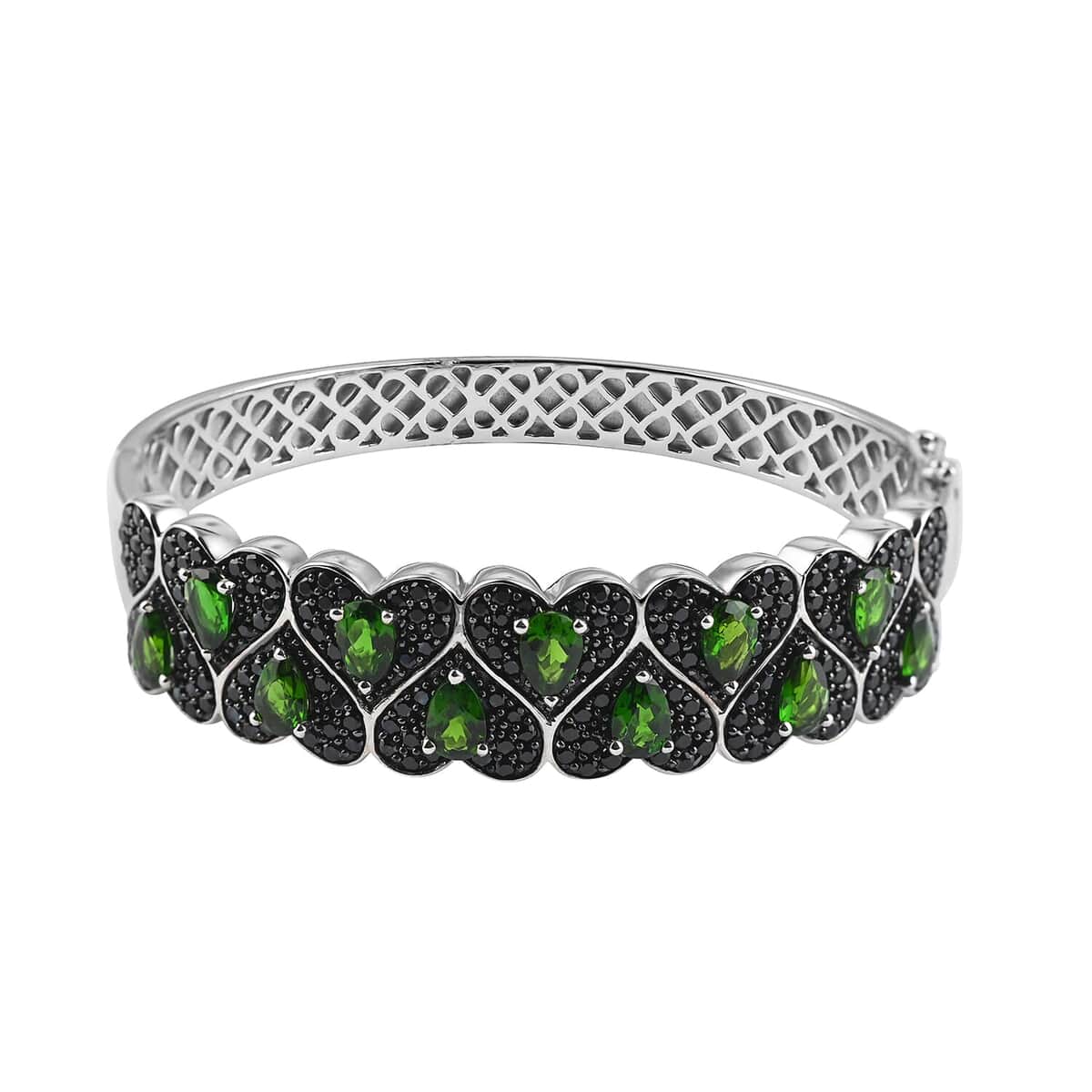 Chrome Diopside and Thai Black Spinel Multi Heart Bangle Bracelet in Sterling Silver (7.75 In) 7.30 ctw image number 0