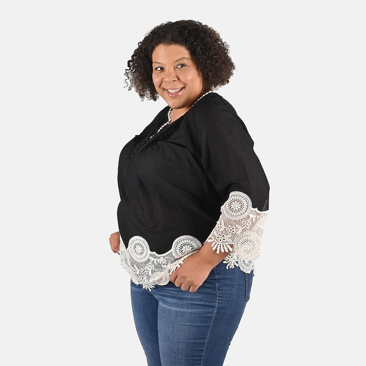 Tamsy Black Vivian Vintage Tunic with Lace Trim - S image number 3