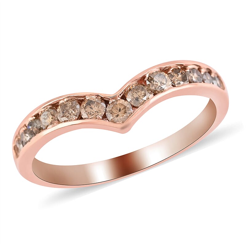 Natural Champagne Diamond Wishbone Ring in Vermeil Rose Gold Over Sterling Silver (Size 10.0) 0.50 ctw