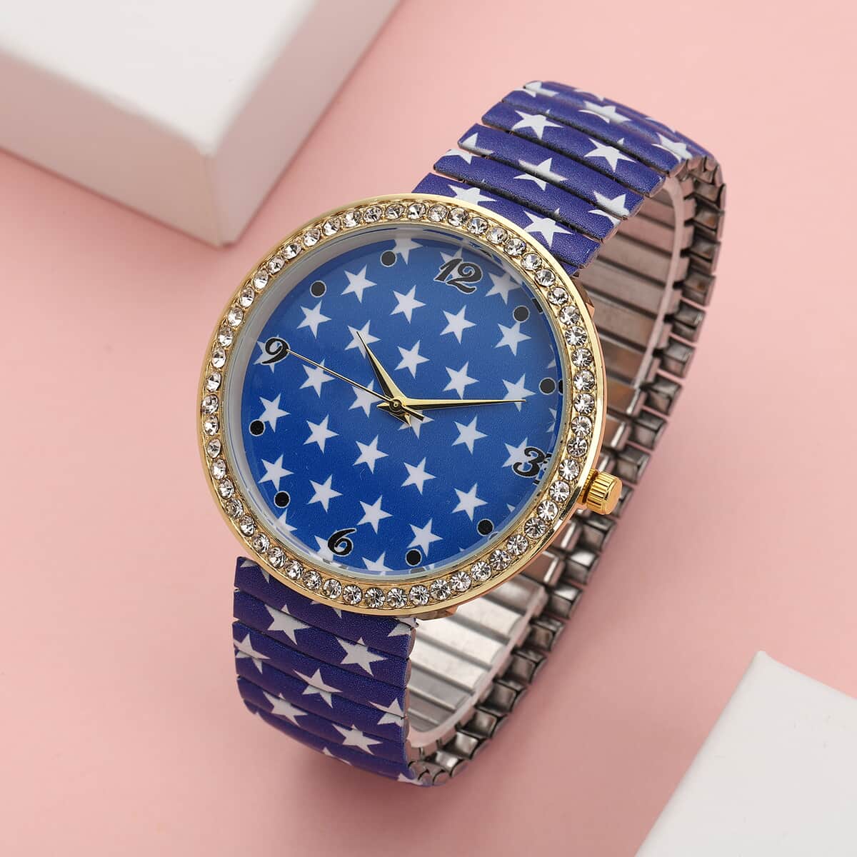 Strada Austrian Crystal Japanese Movement Blue Stars Pattern Stretch Bracelet Watch with Stainless Steel Strap image number 1