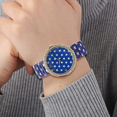 Strada Austrian Crystal Japanese Movement Blue Stars Pattern Stretch Bracelet Watch with Stainless Steel Strap