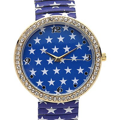 Strada Austrian Crystal Japanese Movement Blue Stars Pattern Stretch Bracelet Watch with Stainless Steel Strap