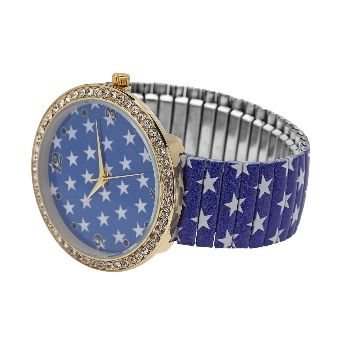 Strada Austrian Crystal Japanese Movement Blue Stars Pattern Stretch Bracelet Watch with Stainless Steel Strap image number 4