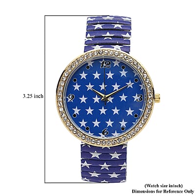 Strada Austrian Crystal Japanese Movement Blue Stars Pattern Stretch Bracelet Watch with Stainless Steel Strap