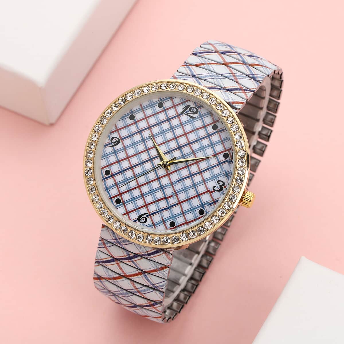 Strada Austrian Crystal Japanese Movement Plaid Pattern Stretch Bracelet Watch with Stainless Steel Strap image number 1