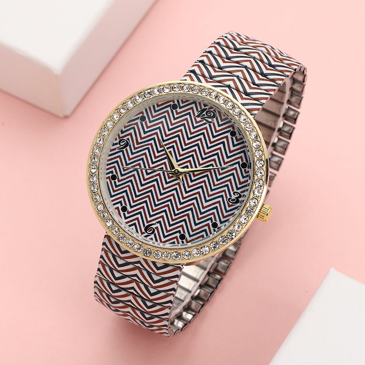 Strada Austrian Crystal Japanese Movement Chevron Pattern Stretch Bracelet Watch with Stainless Steel Strap image number 1