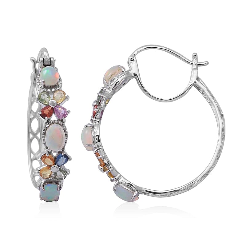 Ethiopian Welo Opal and Multi Sapphire Hoop Earrings in Platinum Over Sterling Silver 6.50 ctw