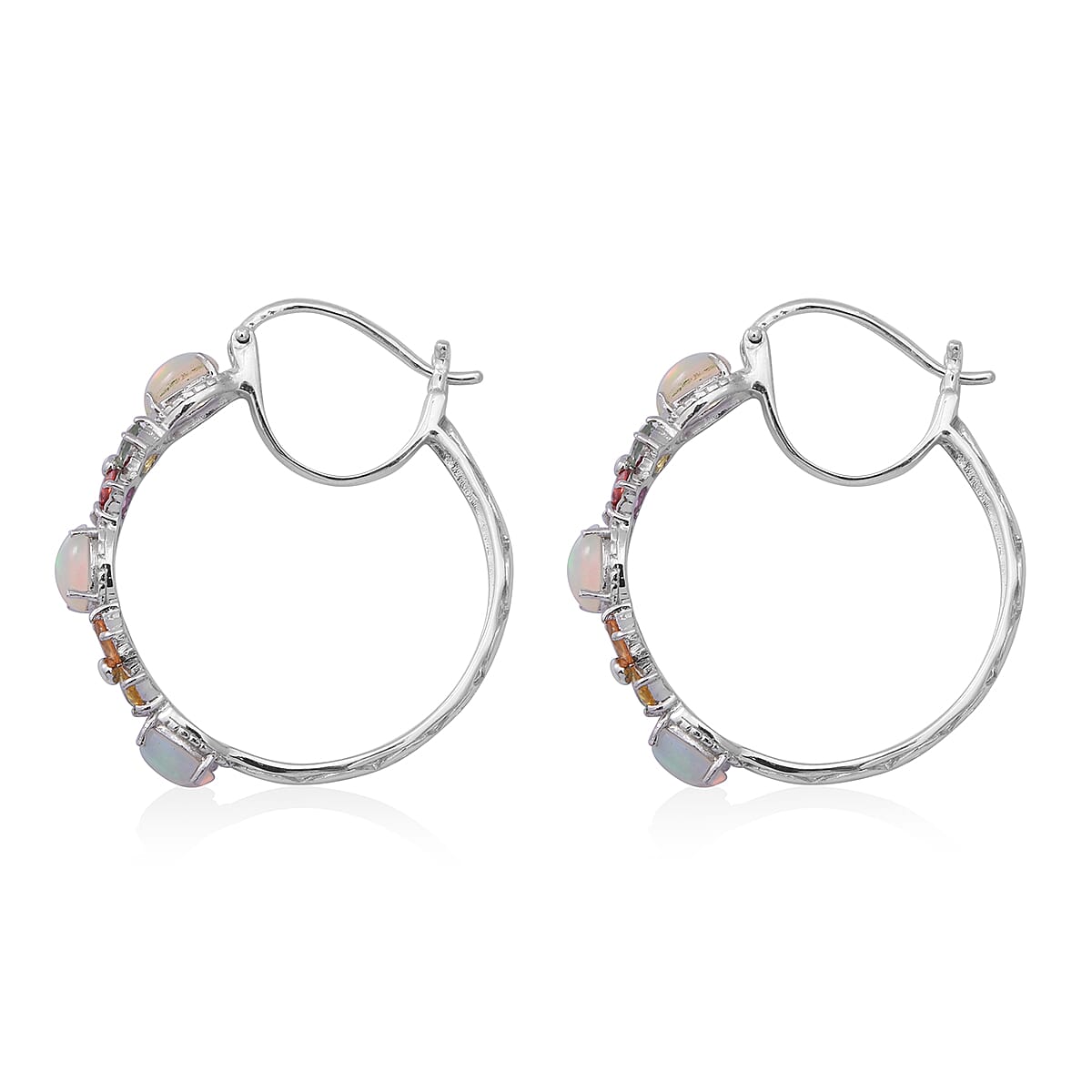 Ethiopian Welo Opal and Multi Sapphire Hoop Earrings in Platinum Over Sterling Silver 6.50 ctw