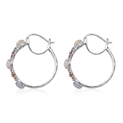 Ethiopian Welo Opal and Multi Sapphire Hoop Earrings in Platinum Over Sterling Silver 6.50 ctw
