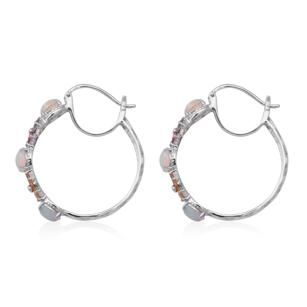 Ethiopian Welo Opal and Multi Sapphire Hoop Earrings in Platinum Over Sterling Silver 6.50 ctw image number 2