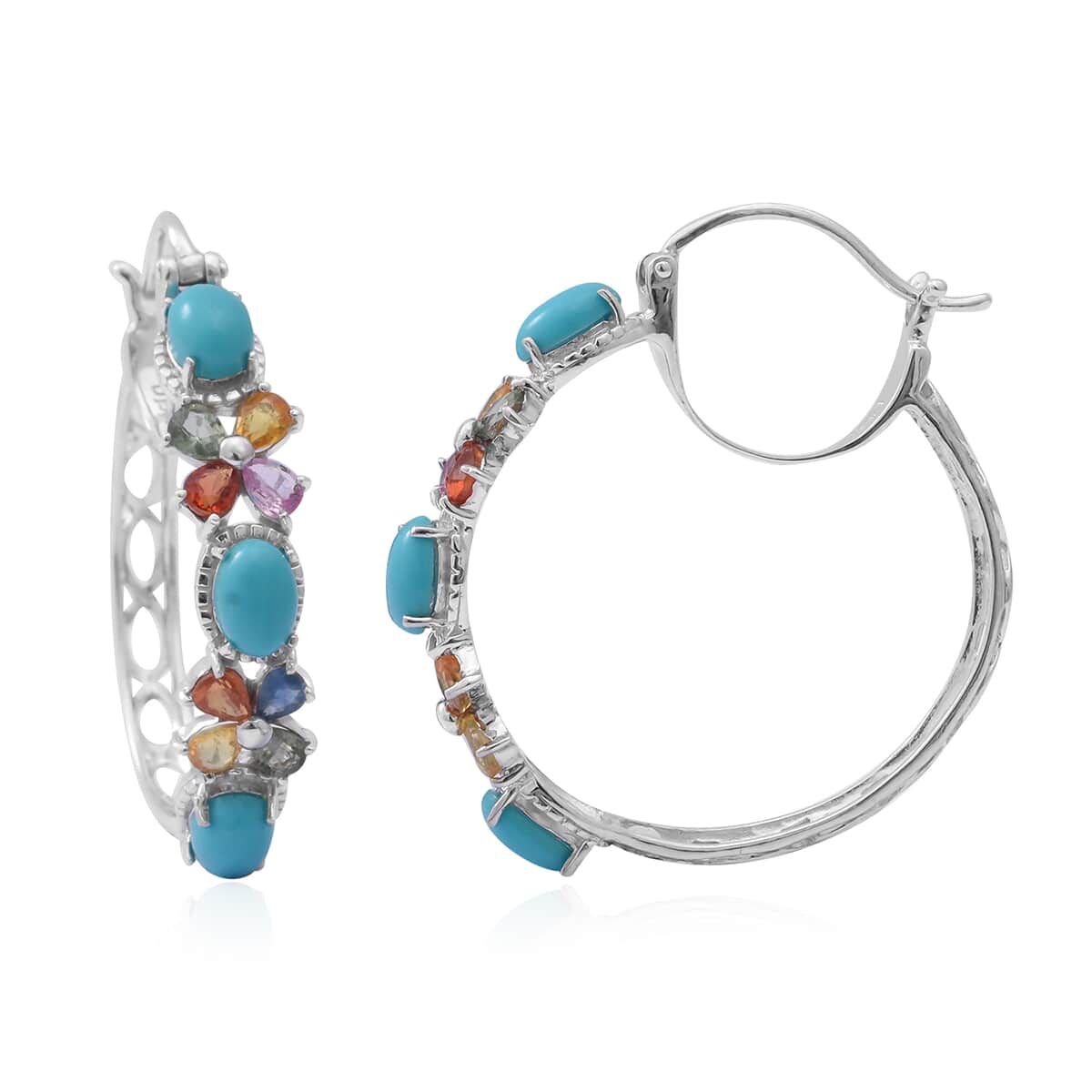 Sleeping Beauty Turquoise and Multi Sapphire Inside Out Hoop Earrings in Platinum Over Sterling Silver 7.40 ctw image number 0