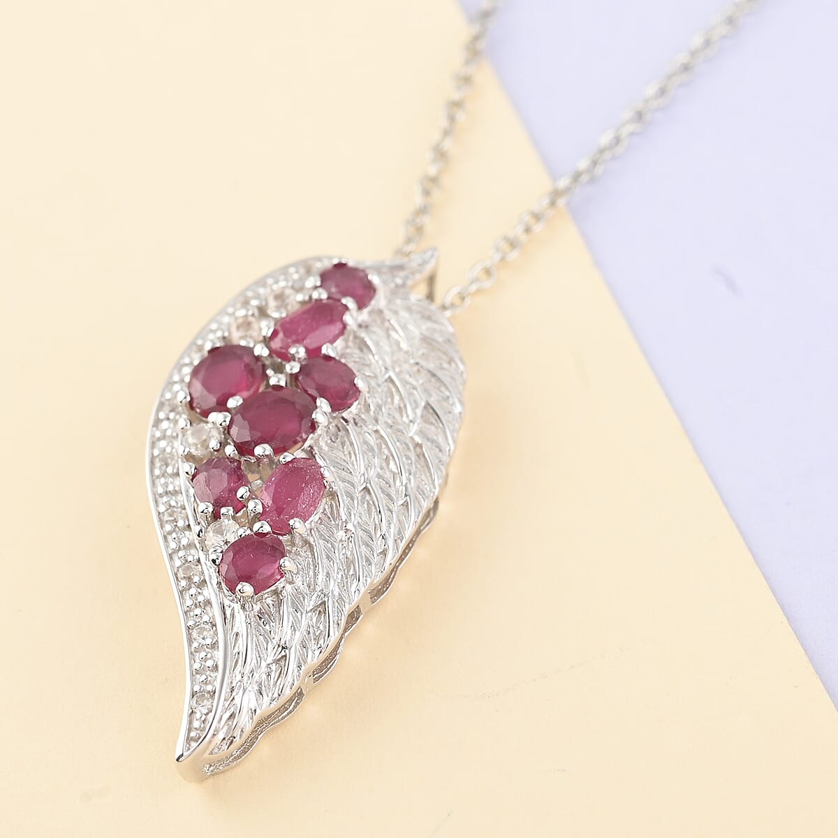Ruby and Natural White Zircon Angel Wing Necklace 18 Inches in Sterling Silver 4.25 ctw image number 1