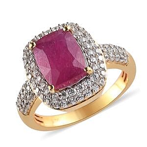 Niassa Ruby (FF) and White Zircon 4.78 ctw Ring in 14K YG Over Sterling Silver (Size 5.5)
