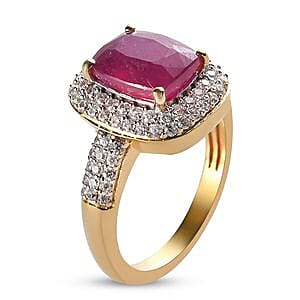 Niassa Ruby (FF) and White Zircon 4.78 ctw Ring in 14K YG Over Sterling Silver (Size 5.5)