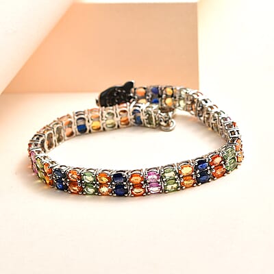 Multi Sapphire and Thai Black Spinel Double Row Tennis Bracelet in Platinum Over Sterling Silver (6.50 In) 10.40 ctw