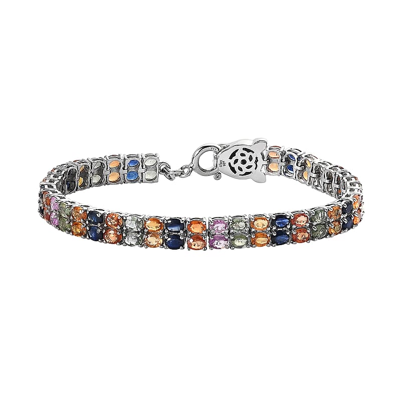 Multi Sapphire and Thai Black Spinel Double Row Tennis Bracelet in Platinum Over Sterling Silver (7.25 In) 12.00 ctw