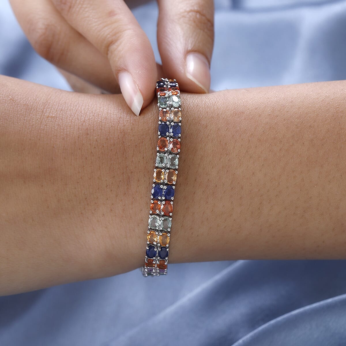 Multi Sapphire and Thai Black Spinel Double Row Tennis Bracelet in Platinum Over Sterling Silver (7.25 In) 12.00 ctw image number 2