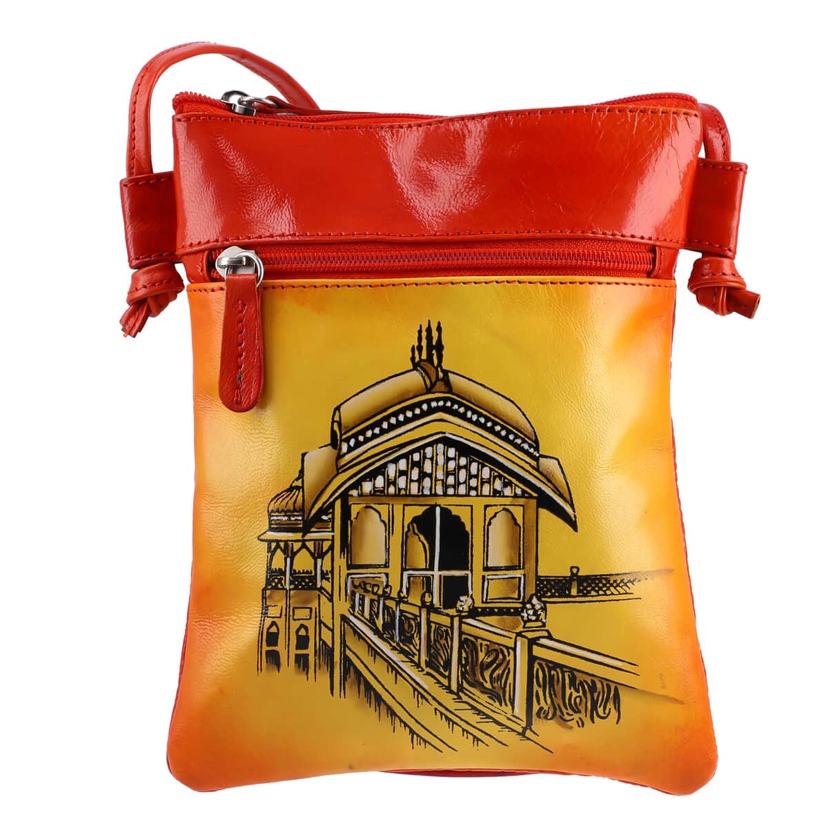 Vivid by Sukriti Orange Traditional Fort Pattern Hand Painted Genuine Leather Crossbody Bag image number 0