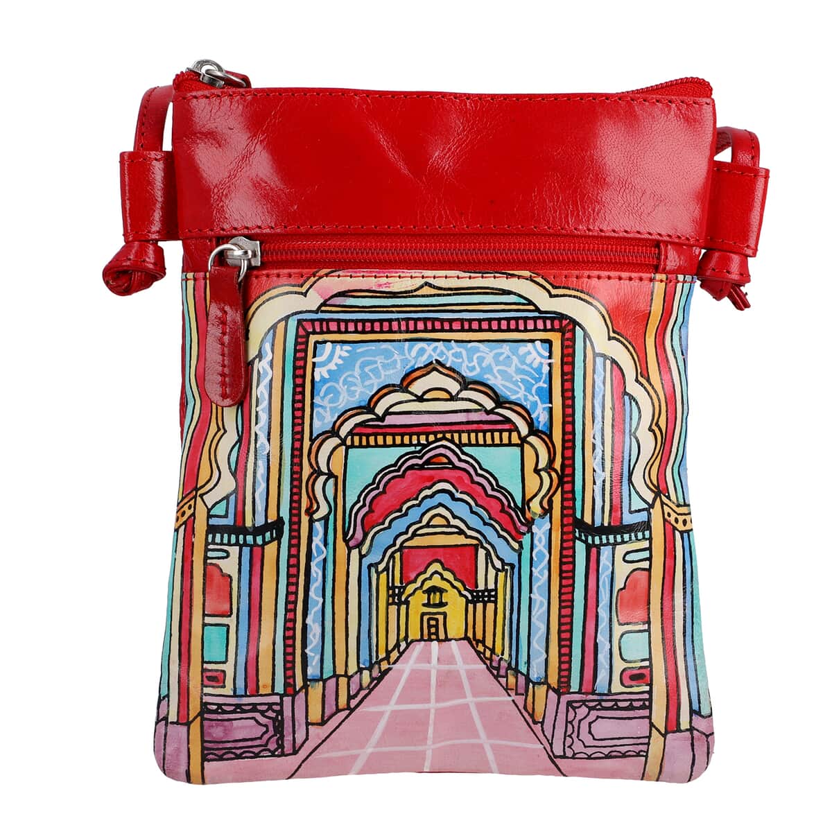 Vivid by Sukriti Red Traditional Palace Corridor Pattern Hand Painted Genuine Leather Crossbody Bag image number 0