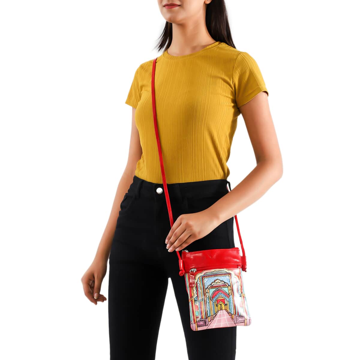 Vivid by Sukriti Red Traditional Palace Corridor Pattern Hand Painted Genuine Leather Crossbody Bag image number 1